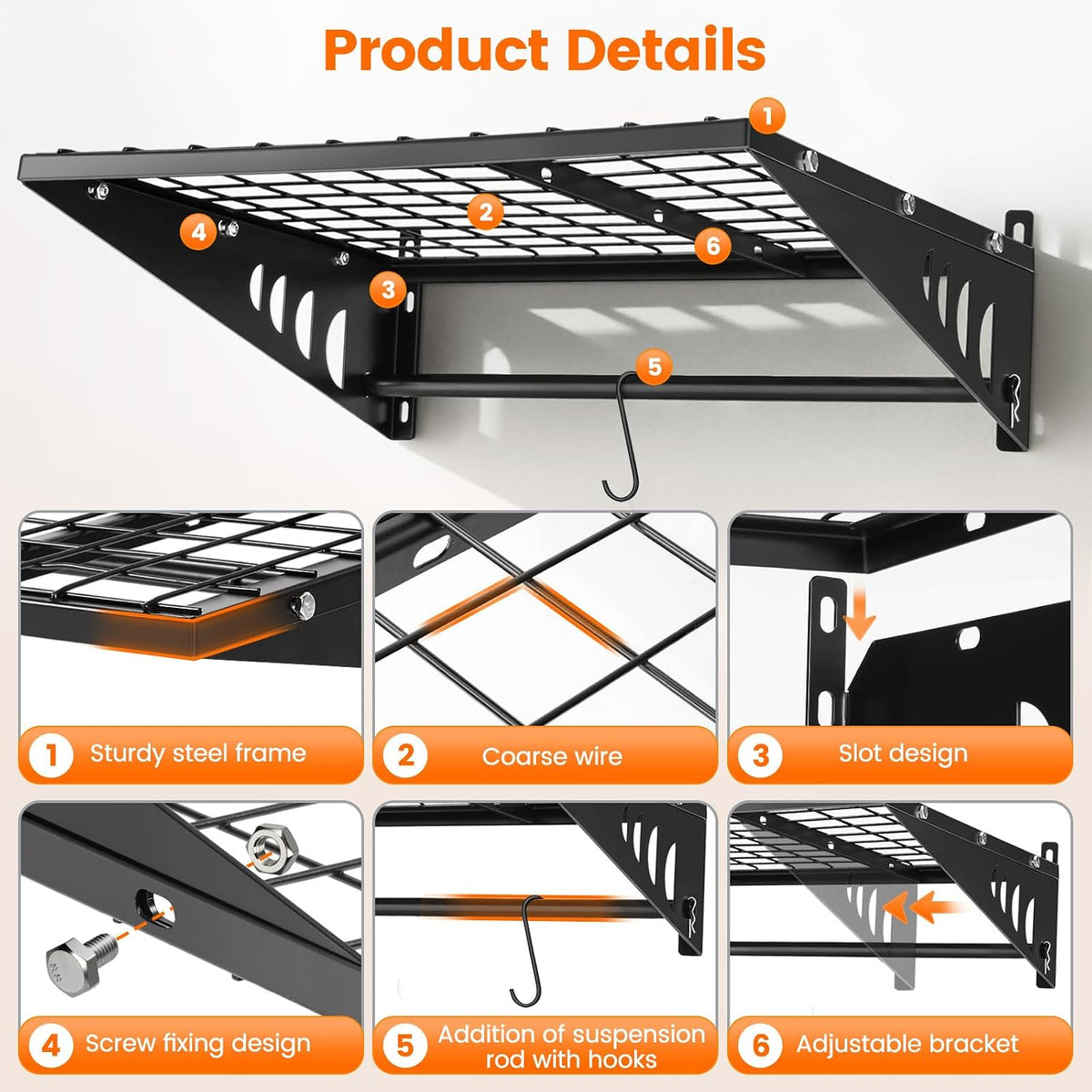 Closeup collage of shelf features: sturdy steel frame, coarse grid wire, slot brackets, screw fixing and suspension rod