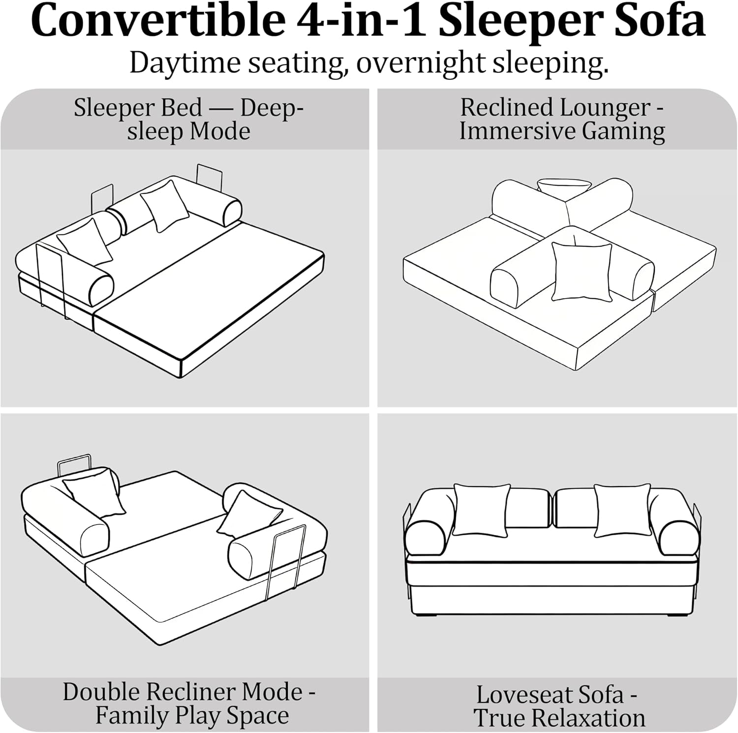 Four line drawings showing the sofa arranged as bed, reclined lounger, double recliner, and loveseat.