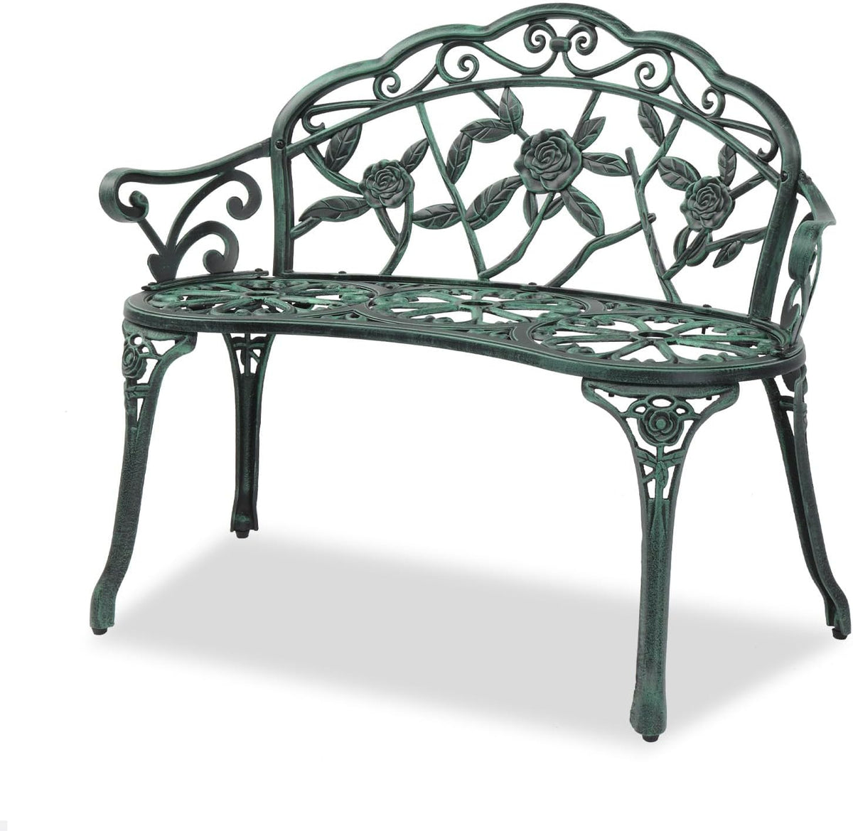 Studio view of a green patina ornate metal bench with rose motif and curved legs.