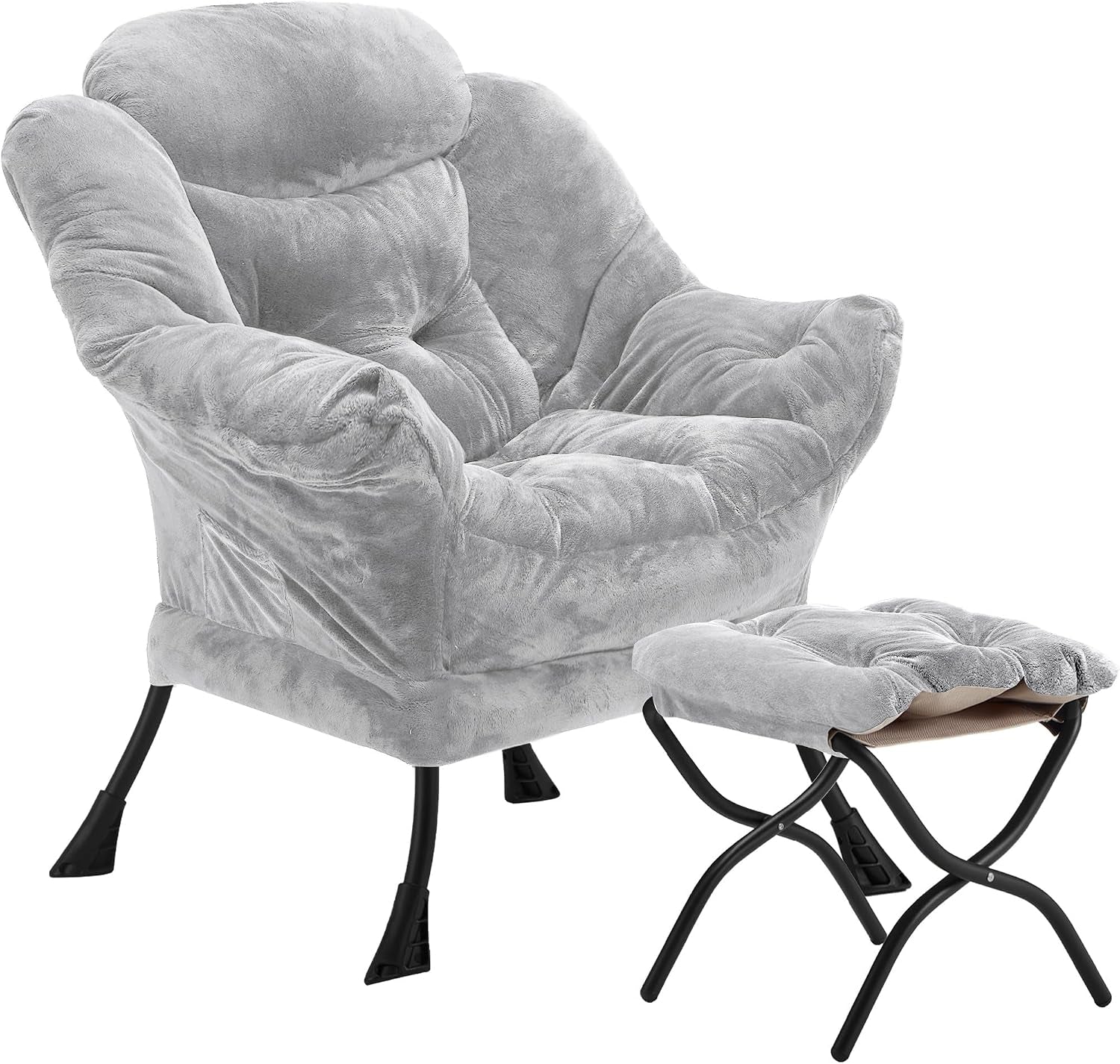 Light gray plush lounge chair with matching folding ottoman on black metal legs, angled view