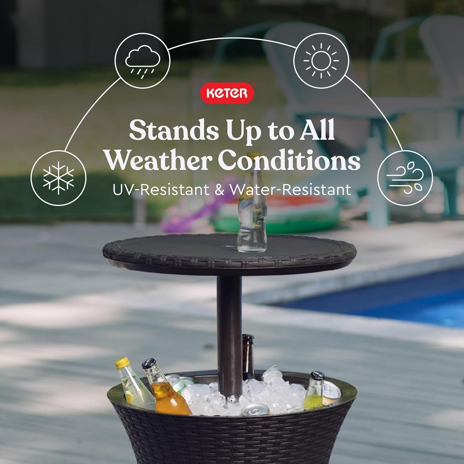 Close-up of raised table top over cooler filled with ice showing poolside setting and weather icons