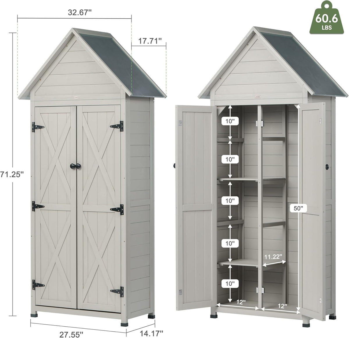 Front and interior diagram of the gray cabinet with measurements labeled 32.67" W x 17.71" D x 71.2" H and shelf spacing