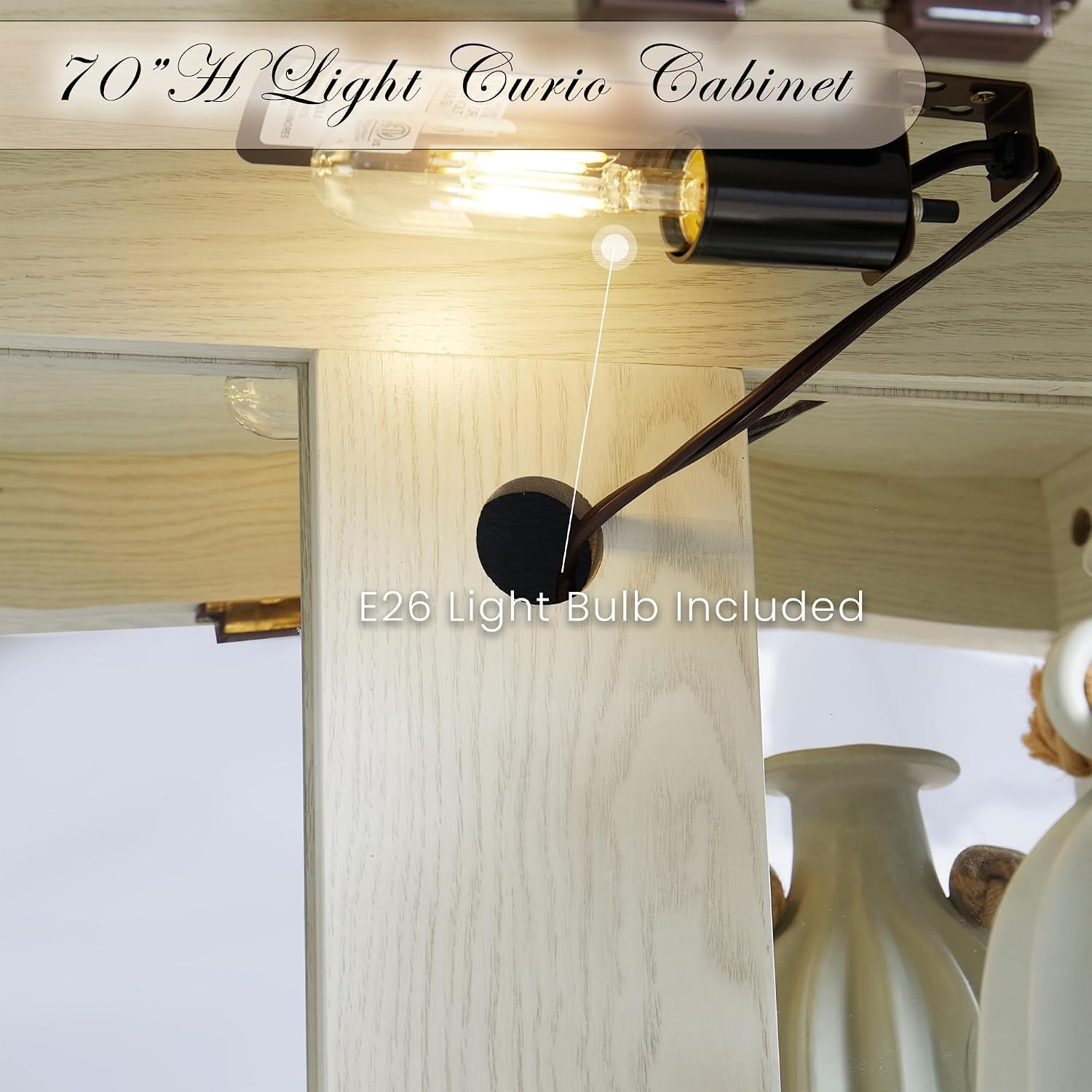 Interior close-up showing an installed E26 light bulb and a round cable management hole in the back panel