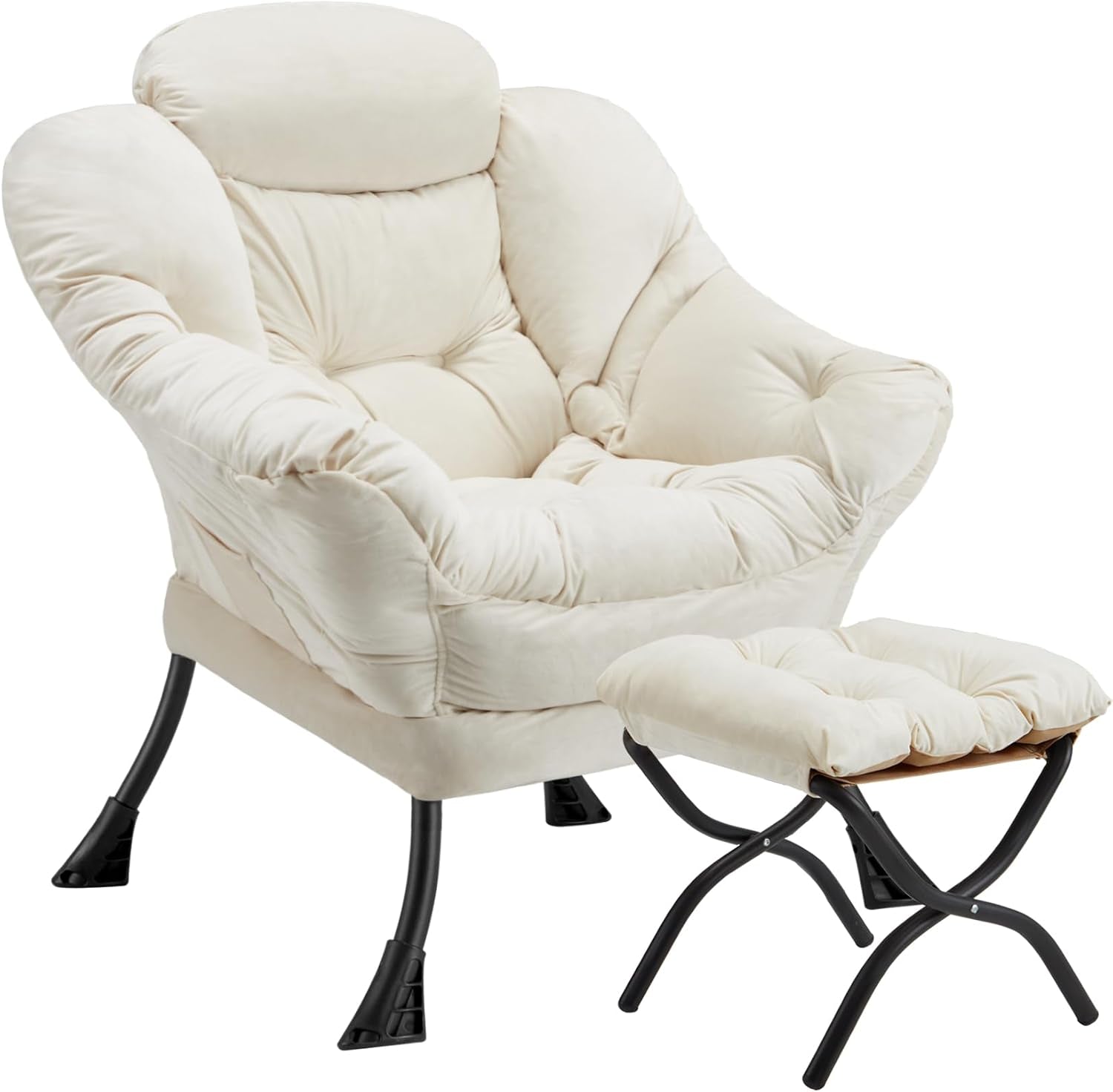Cream-colored plush folding chair with matching ottoman on white background