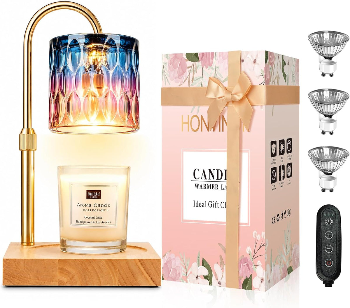 Gold arched lamp with iridescent blue-pink patterned shade shown lit above a candle and gift box
