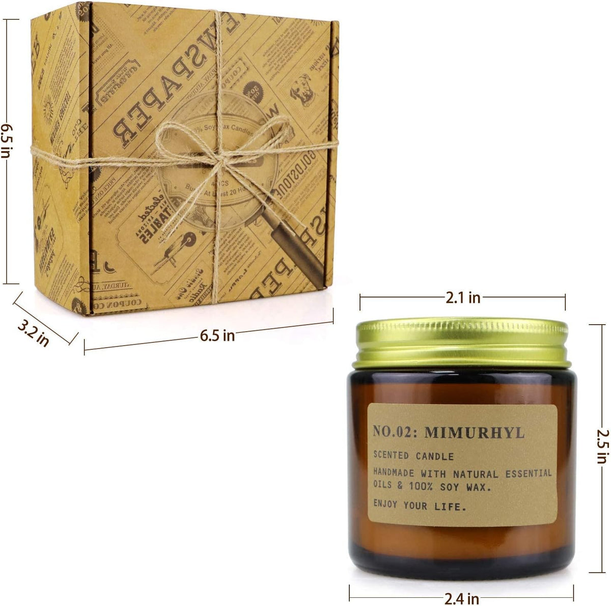 Kraft paper gift box tied with twine shown beside an amber jar candle with printed size graphics