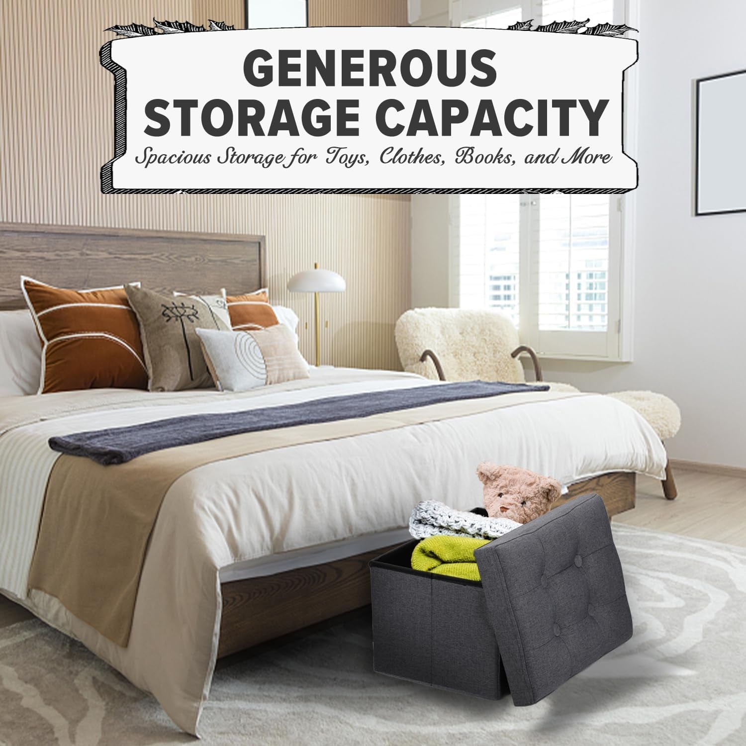 Bedroom scene with a dark gray square storage ottoman beside the bed, lid removed showing blankets and a stuffed bear.