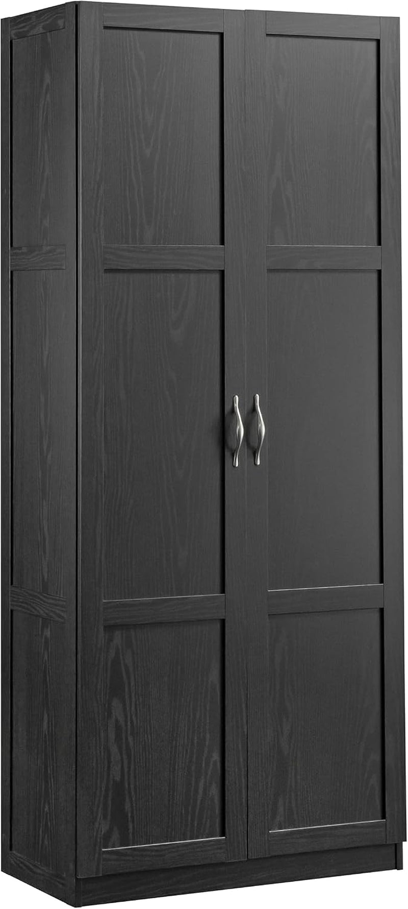 Tall two-door storage cabinet in a dark wood finish with vertical panel doors and metallic handles.