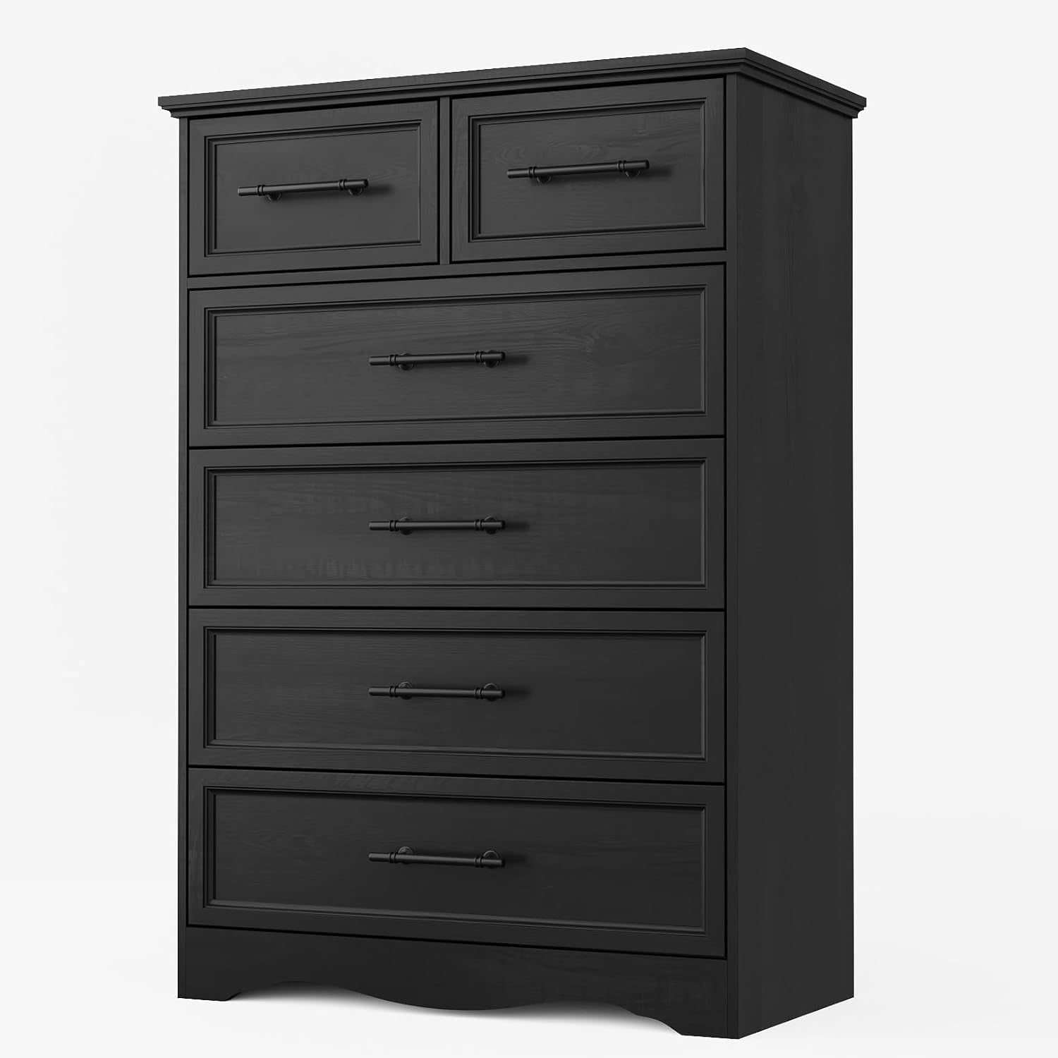 Tall black five-drawer chest angled to show paneled drawer fronts and black bar handles.