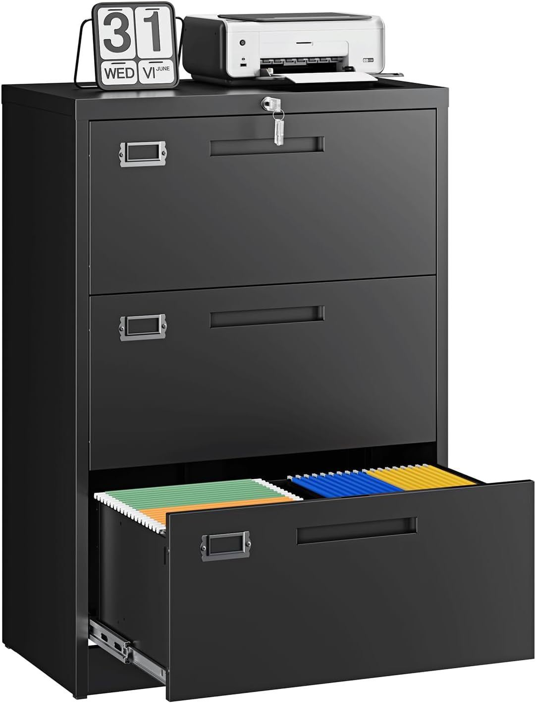 Black four-drawer lateral file cabinet shown front-on with top printer and calendar, bottom drawer open with colorful