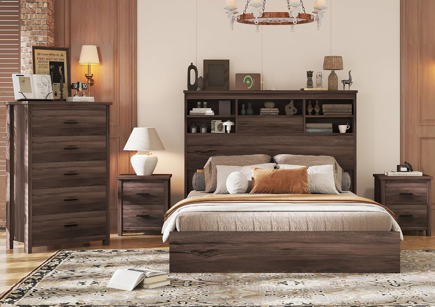 Staged bedroom in dark walnut featuring a queen platform bed with shelved headboard, dresser and two nightstands.