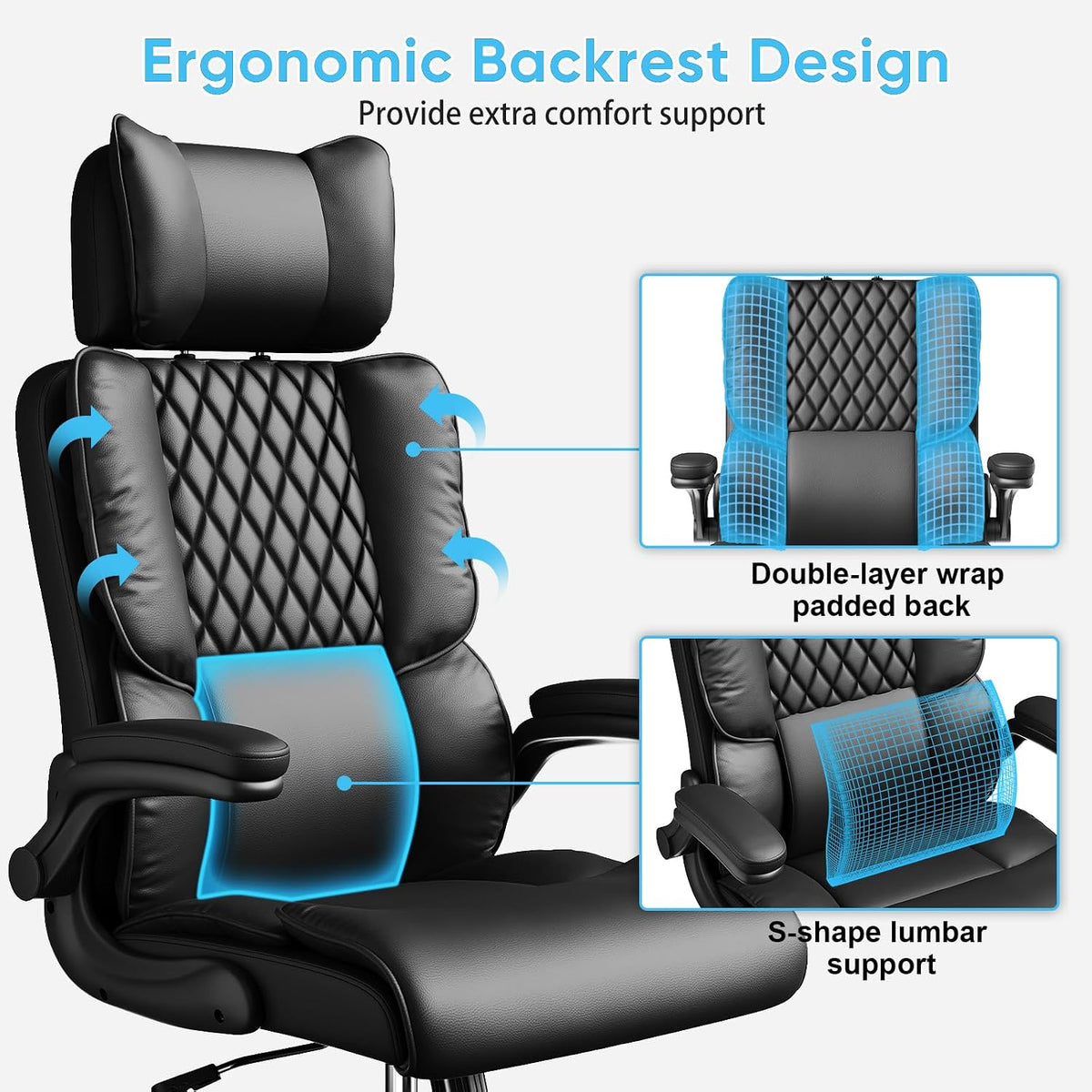 Close-up of chair back highlighting ergonomic double-layer wrap padded back and S-shape lumbar support