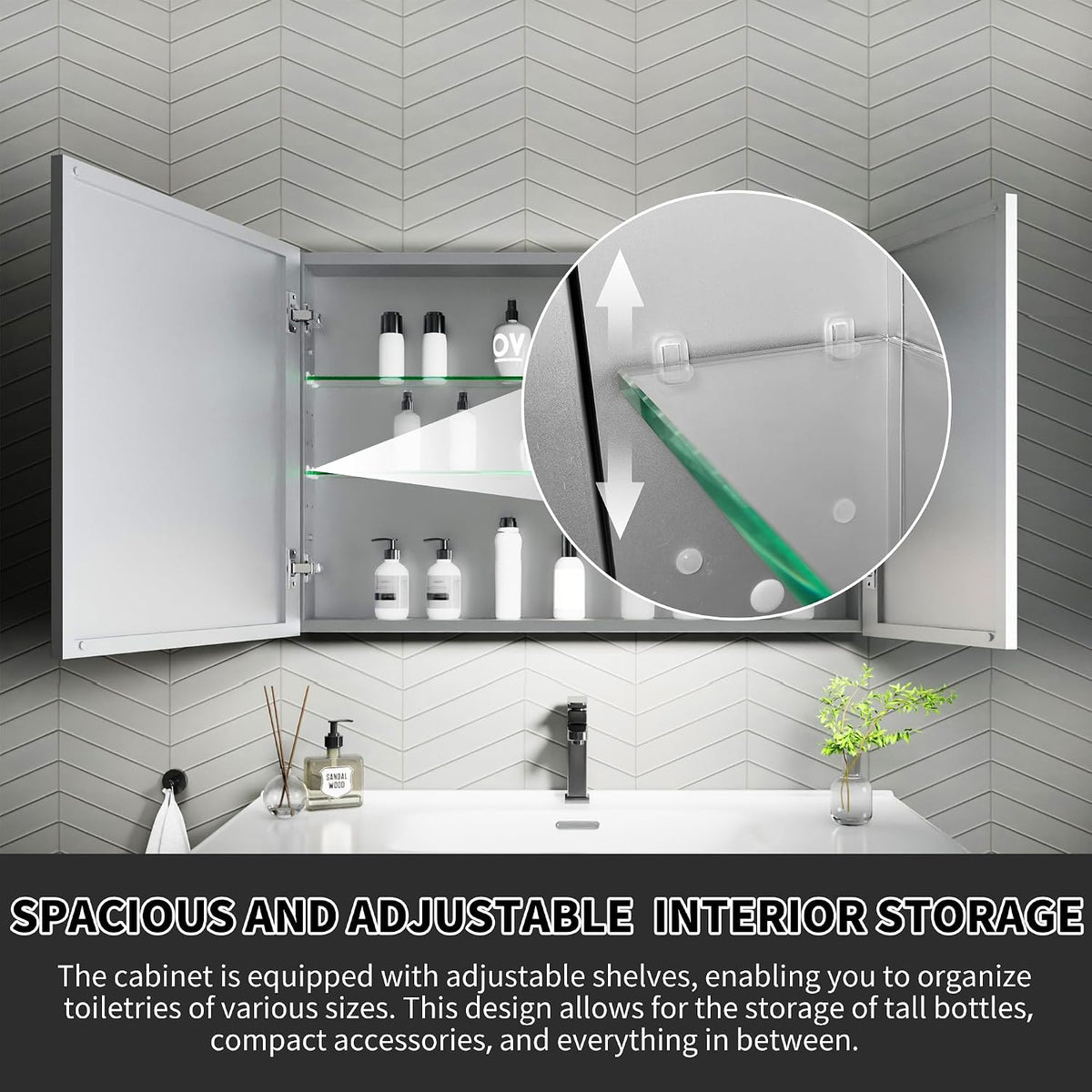 Opened mirrored cabinet showing adjustable tempered‑glass shelf placement and shelf clip detail