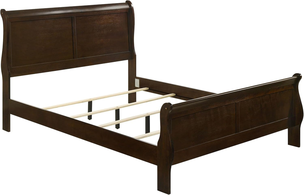 Cappuccino wooden sleigh bed frame angled front-left view showing headboard, footboard and wooden slats