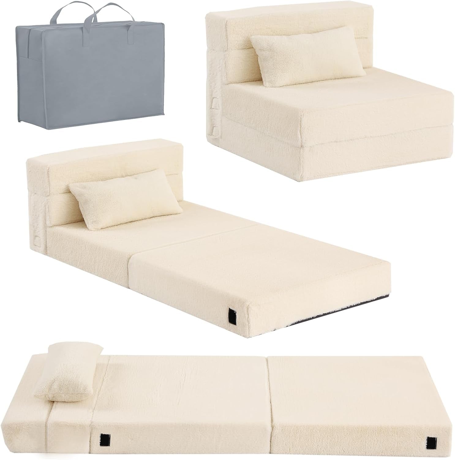 Studio shots showing a cream sherpa-style folding mattress in sofa and flat configurations with tote.