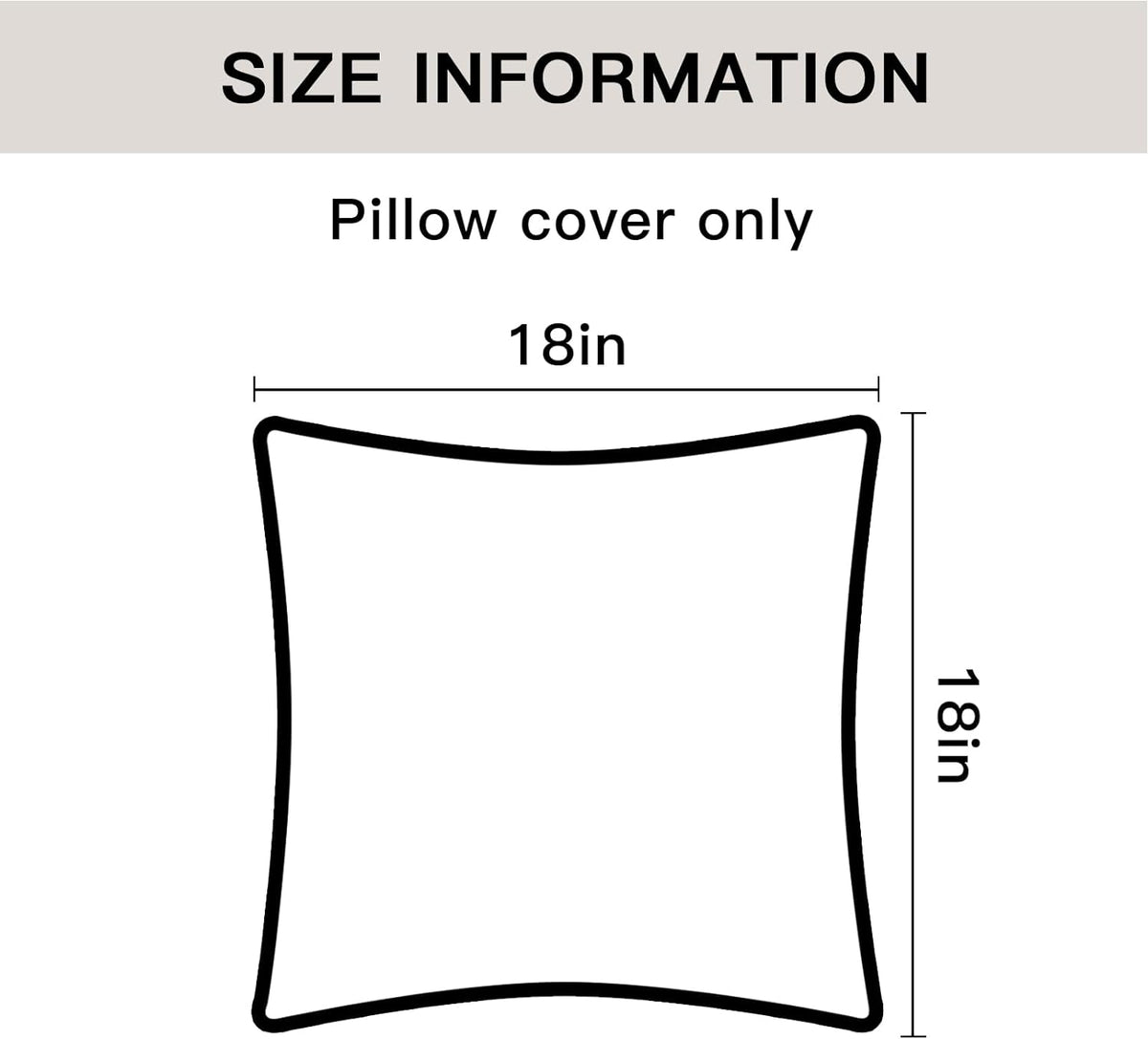 Black line diagram of a square pillow with horizontal and vertical measurement markers showing an 18-inch size