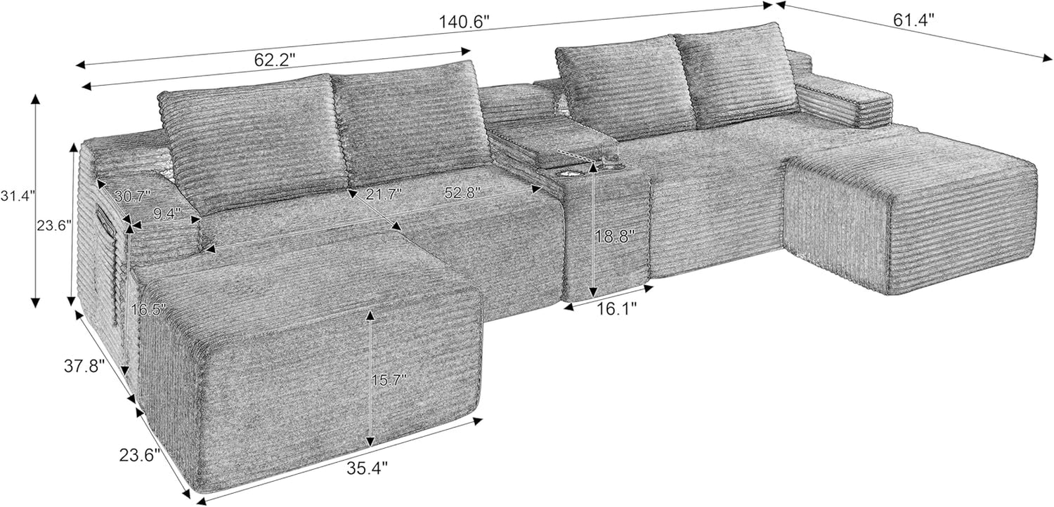 141" Oversized U Shaped Cloud Sectional Couches with Storage Console for Living Room, Corduroy Compressed Boneless Couch, Symmetrical Sofa & Couch with Movable Ottomans, Cup Holder