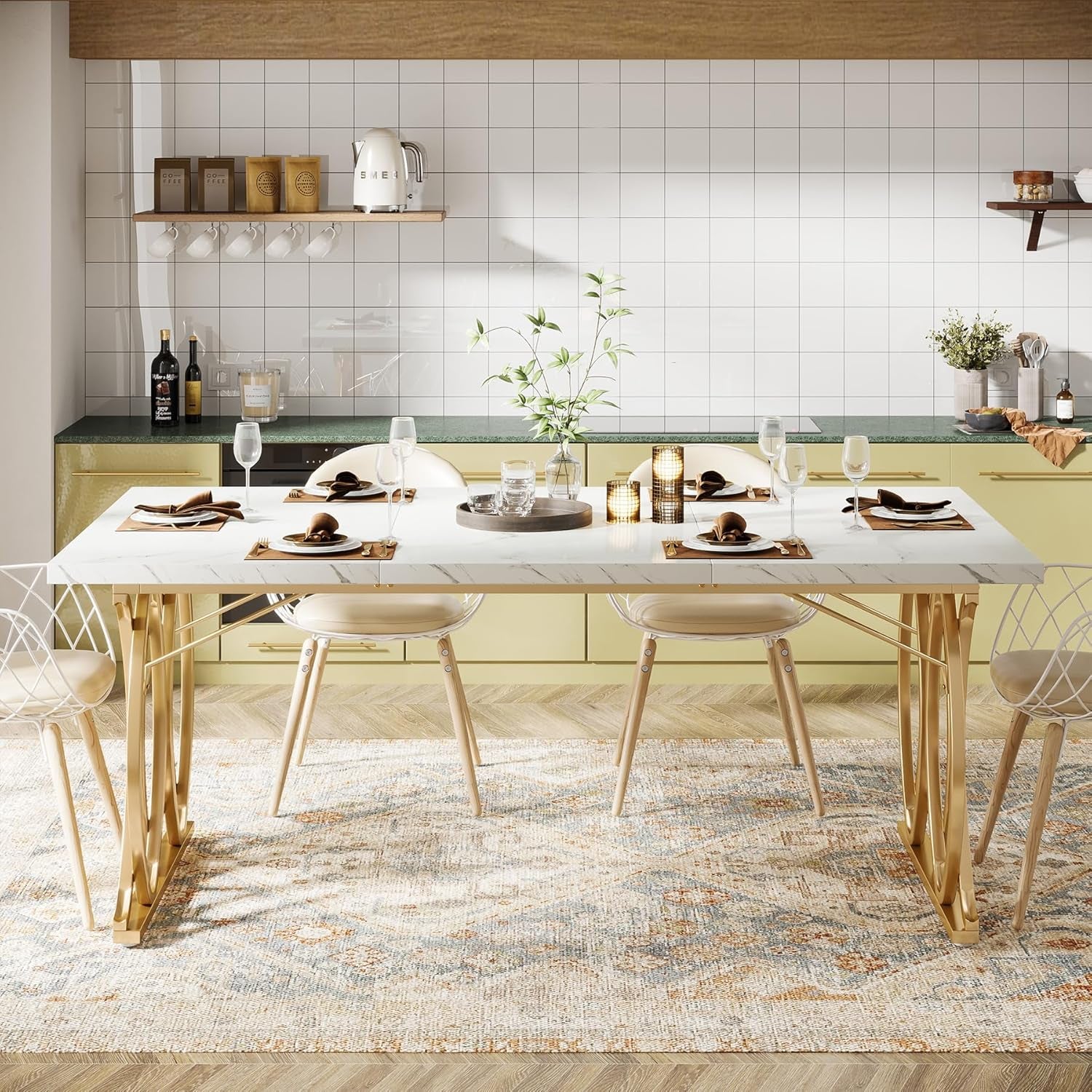 White faux marble tabletop with gold-bronze geometric steel legs in a kitchen setting with place settings