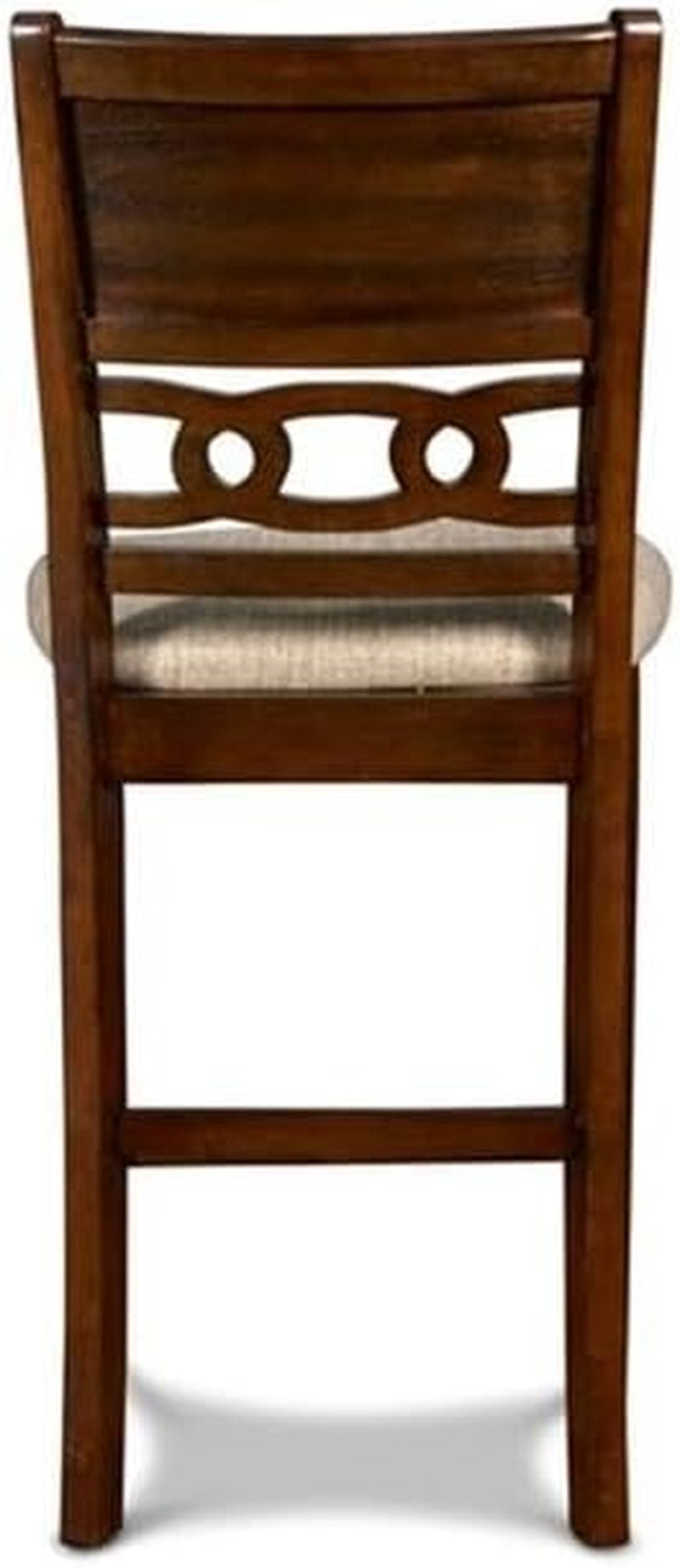 Rear view of the chair showing a carved wooden back with circular cutouts and a beige seat peeking forward.