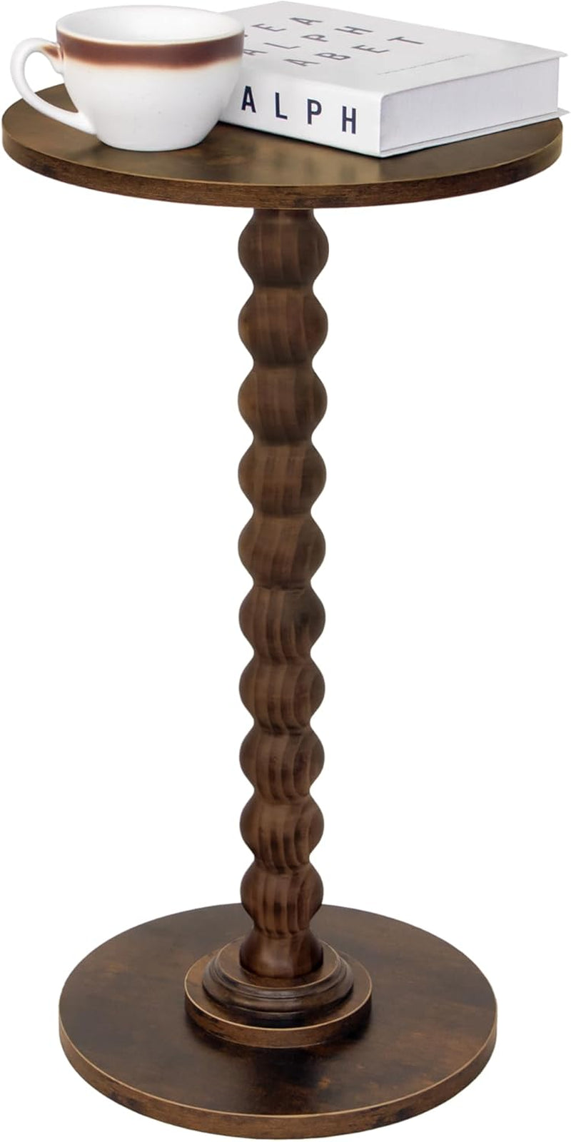 Round side table in rustic brown showing tabletop and detailed spindle leg close-up