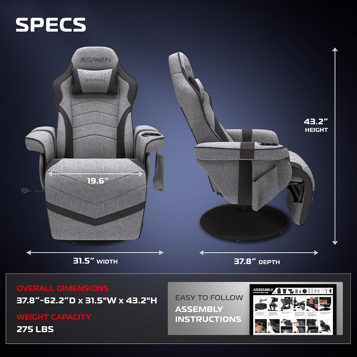 Front and side views of grey gaming recliner showing dimensions and pedestal base