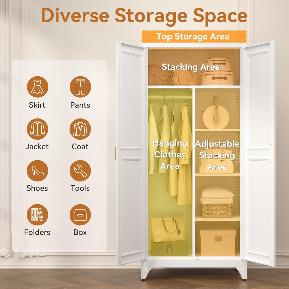 Illustration of wardrobe divided into zones with labels and icons for top storage, hanging clothes area and adjustable