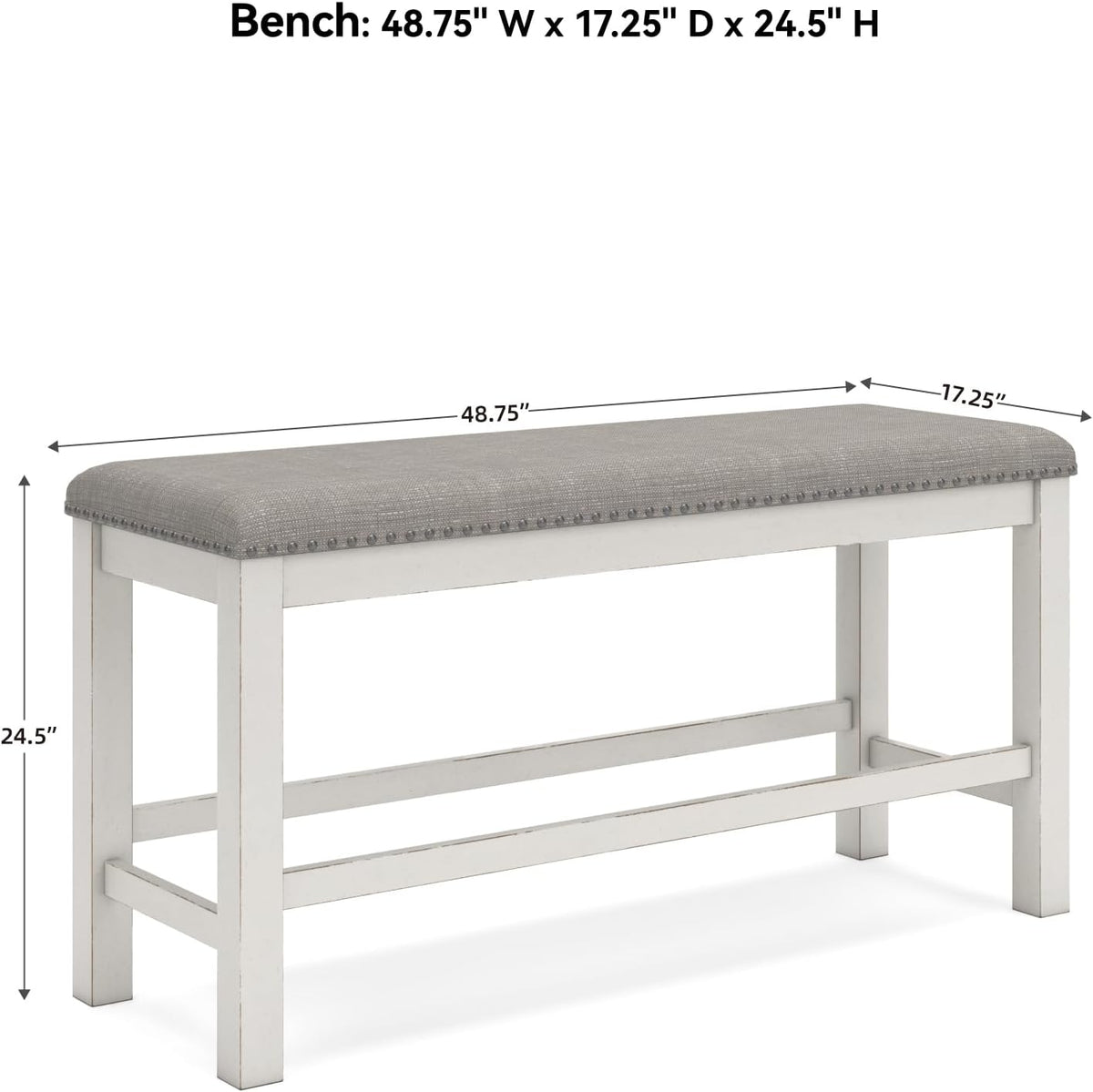 Bench shown with dimensions overlay, light gray upholstered seat and antiqued white frame, angled view