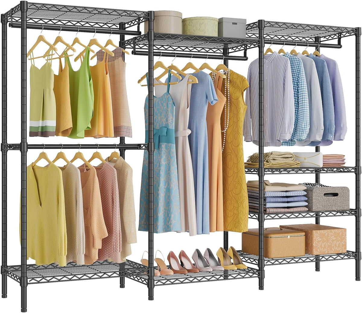 Black freestanding metal clothes rack with multiple hanging bars, shelves, shoes and clothes