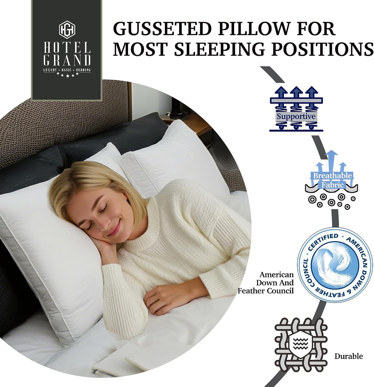 Woman sleeping on a white pillow on a bed with a dark tufted headboard; icons appear at right