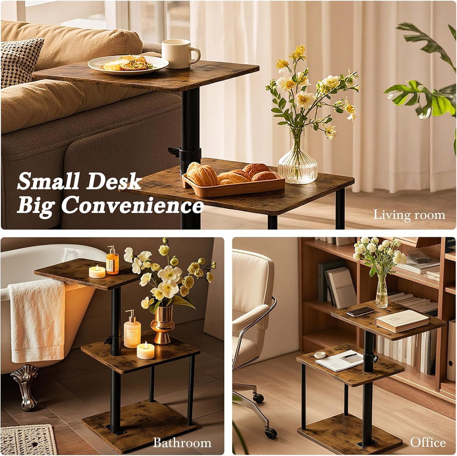 Collage of the side table used in living room, bathroom and office settings showing versatility