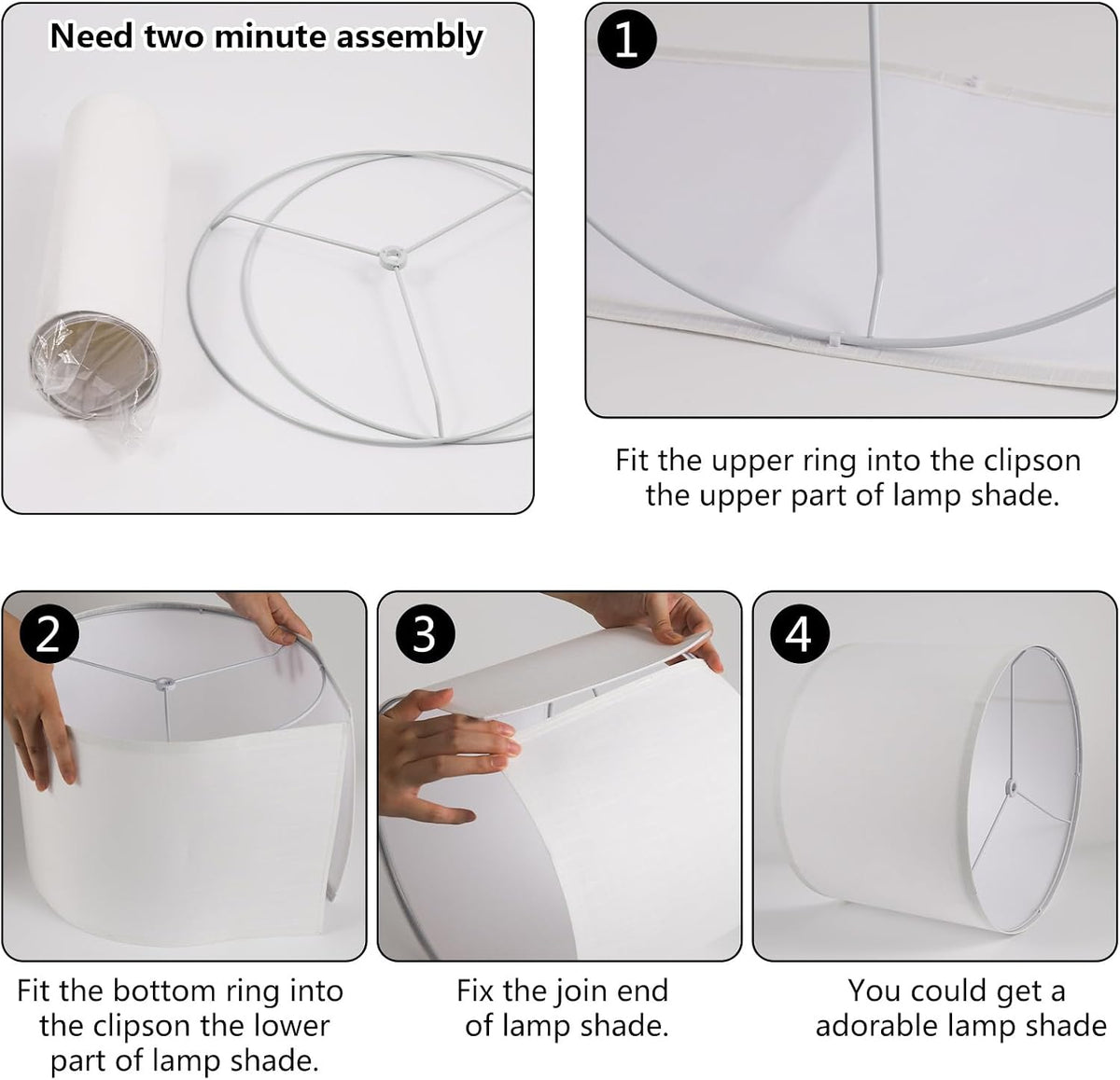 White drum lamp shade shown fitted on table and floor lamps in two different room settings