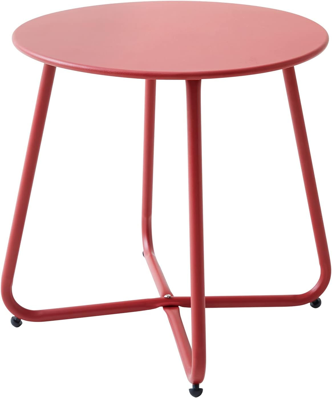 Studio portrait of the same round metal side table in a red finish on white background
