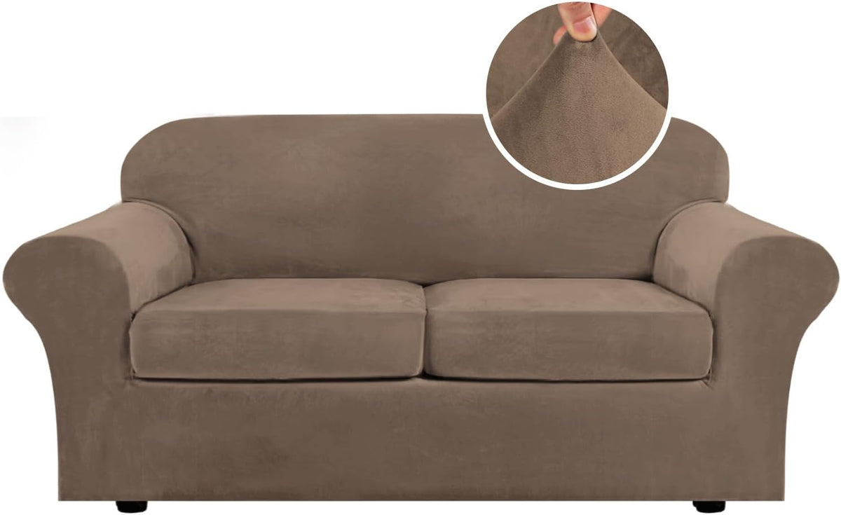 Front view of a three-cushion sofa in a warm brown velvet slipcover with a close-up circle showing fabric stretch.