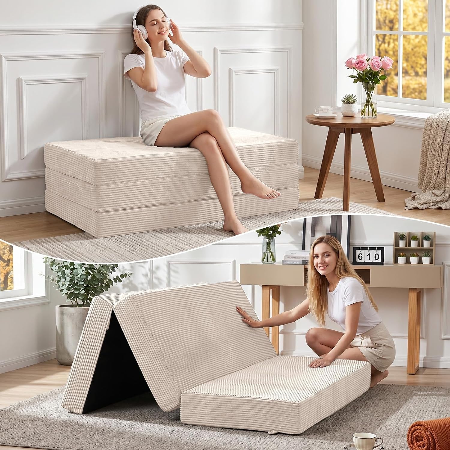 Beige tri-fold mattress shown stacked as a bench with a woman sitting, and folded into an A-frame tent.