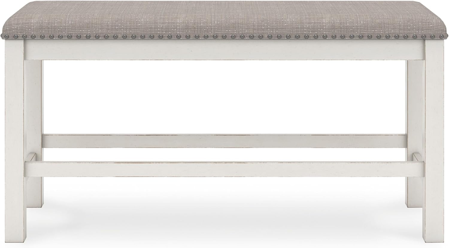 Front-facing view of the bench showing straight legs, stretcher supports and upholstered cushion with nailhead trim.