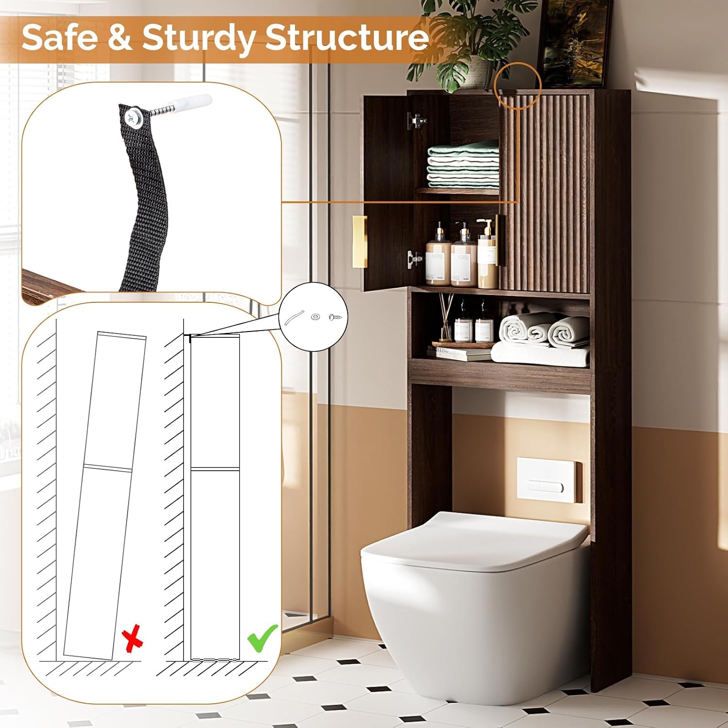 Over-toilet dark wood cabinet mounted above a toilet with an inset illustration of an anti-tip strap and alignment guide.