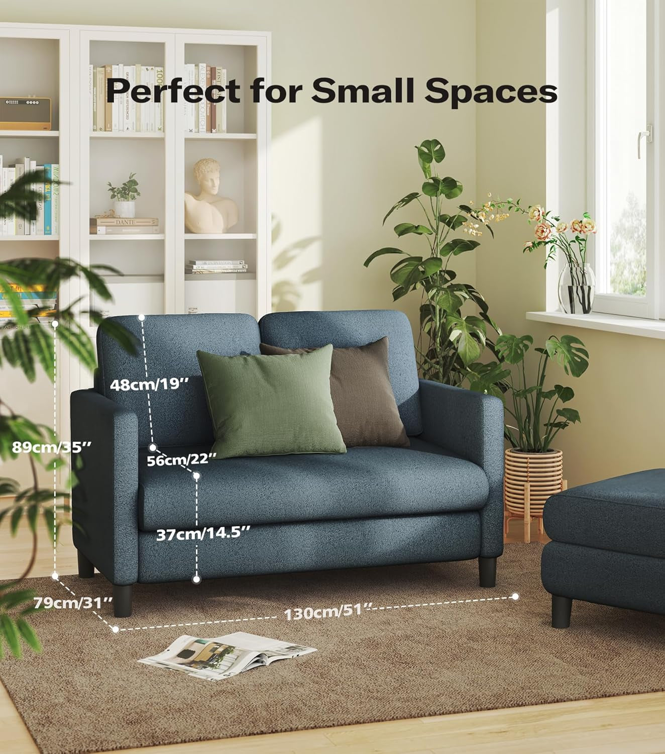 Grey Teddy fabric loveseat styled in a living room with overlaid dimension callouts showing seat and height measurements