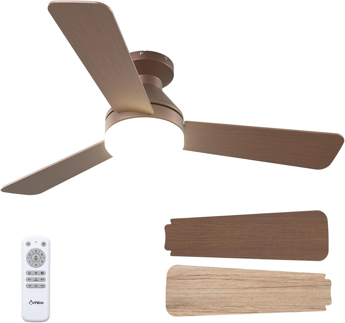 Warm bronze-tone ceiling fan with lit diffuser, shown with two medium wood grain blade samples and the remote.