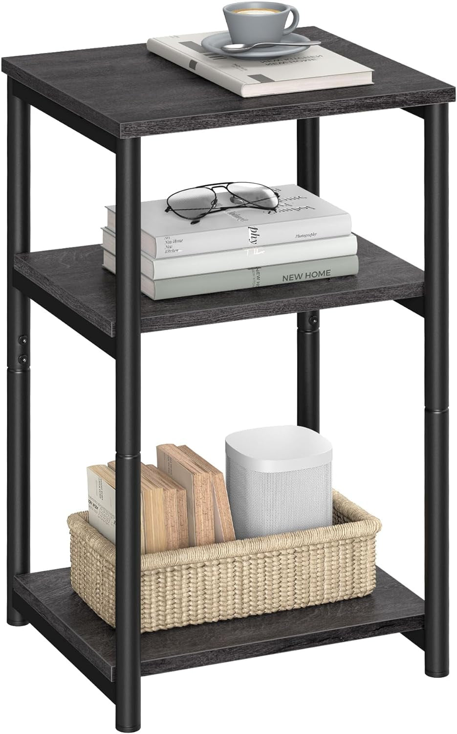 Three-tier square end table with dark wood shelves and black metal legs, styled with books, glasses and a basket.