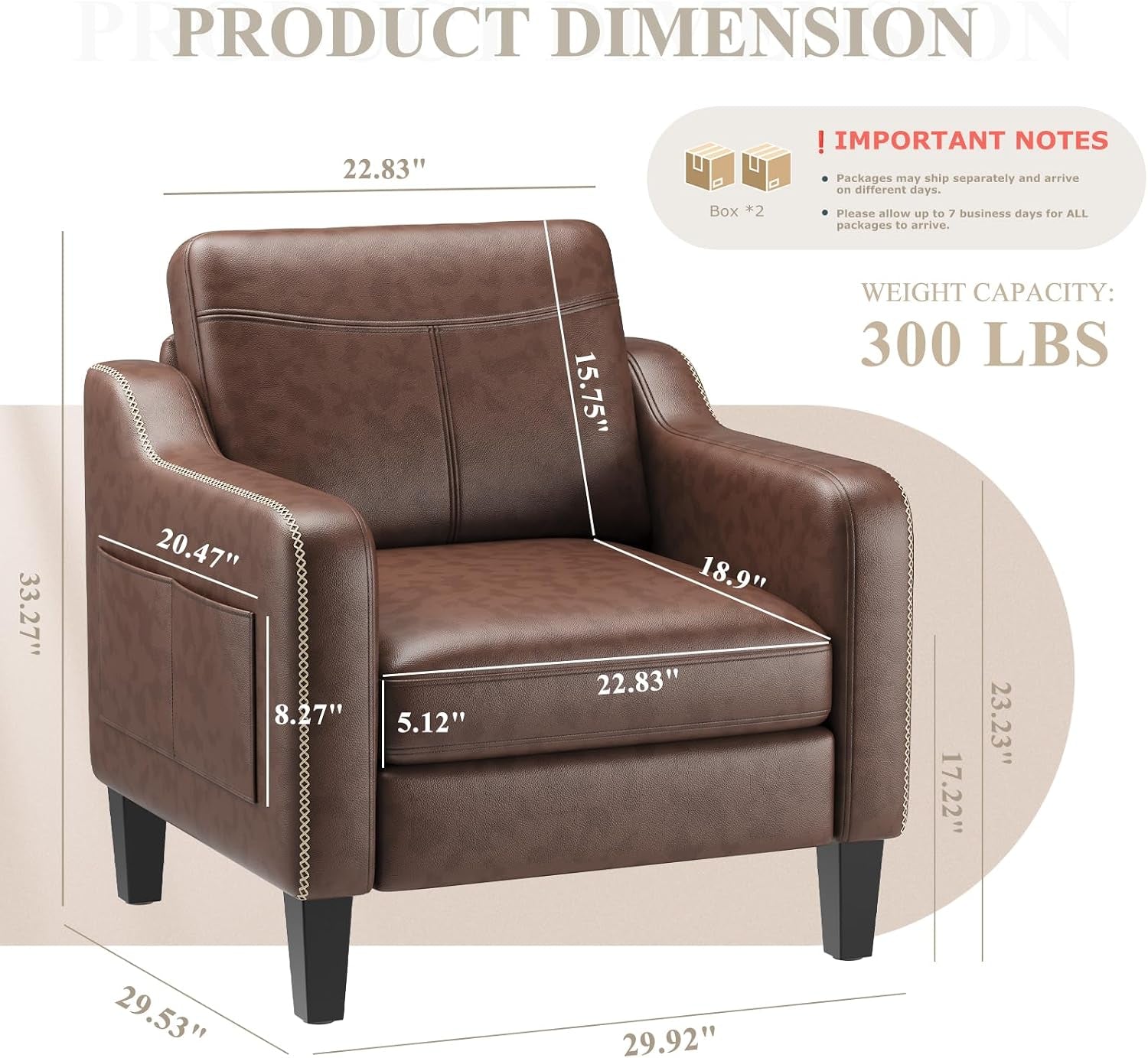Single brown PU leather chair with dimension callouts showing overall and seat measurements