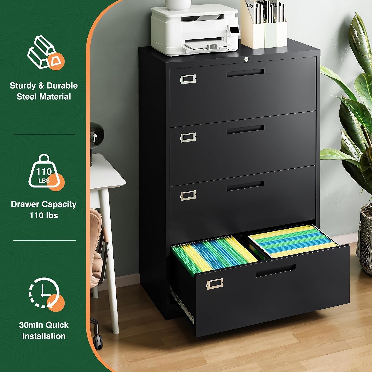 Black three-drawer metal filing cabinet pictured in a home office with one lower drawer open showing colored hanging files.