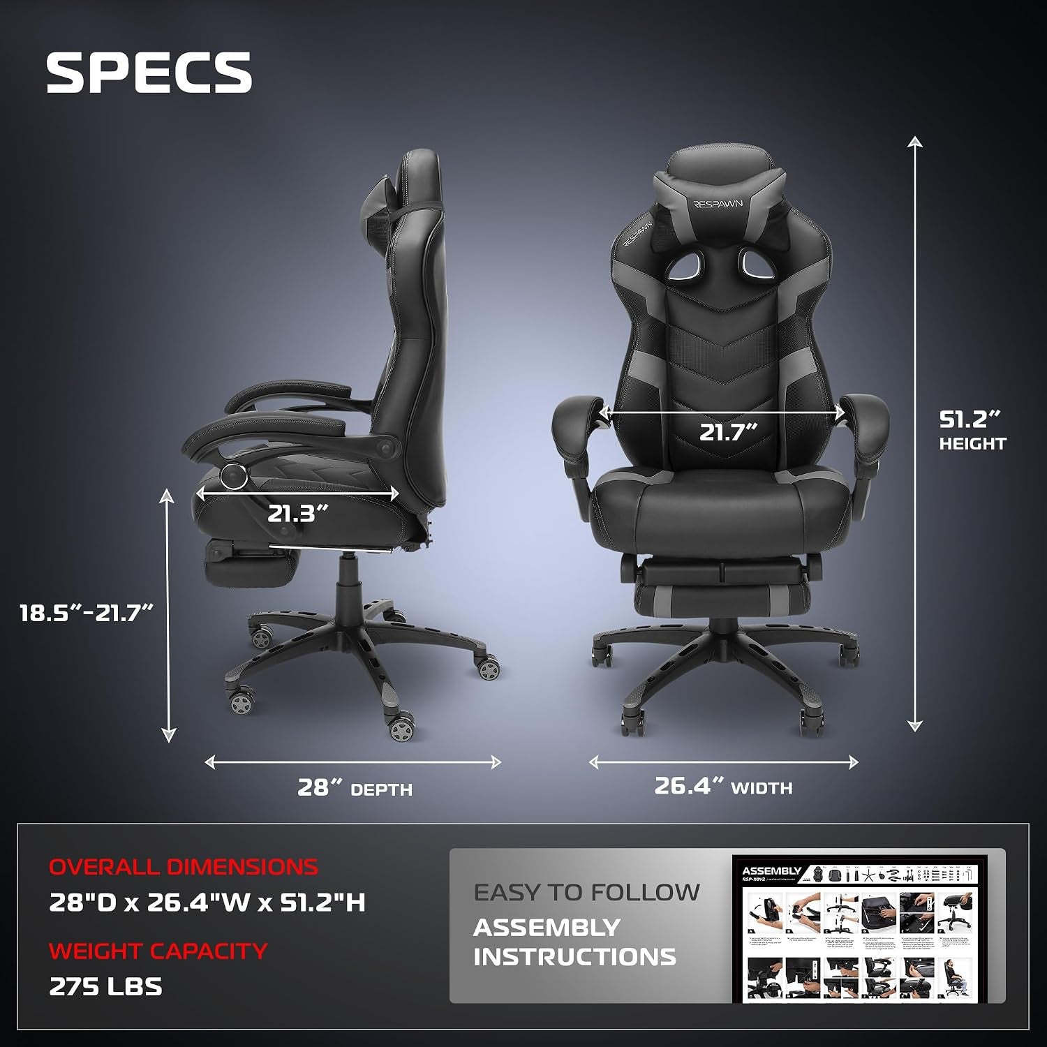 Diagram of chair dimensions showing 28" depth, 26.4" width and 51.2" height with measurement graphics