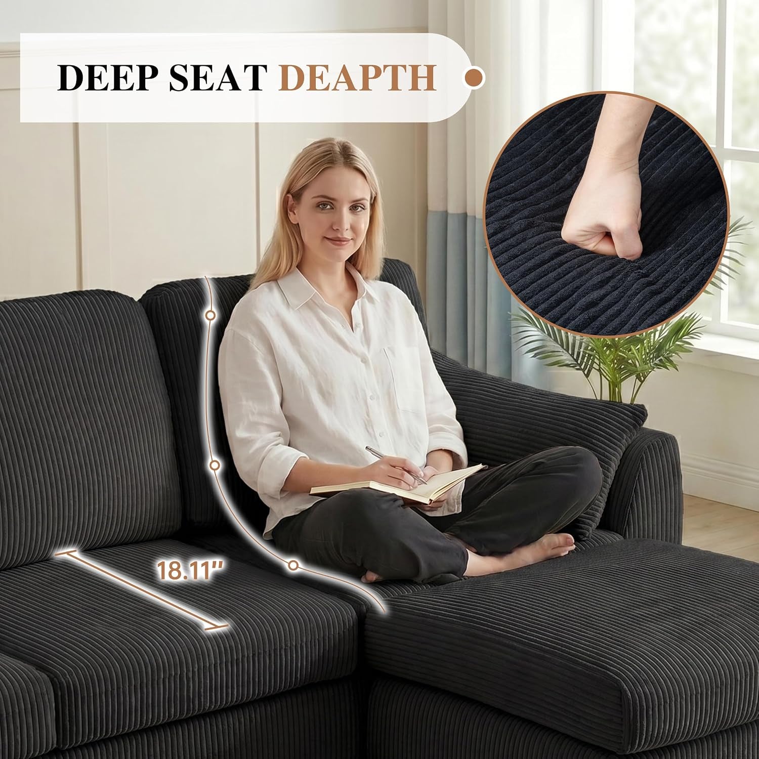 86" Boneless Couches for Living Room, L-Shaped Corduroy Cloud Couch, Modular Sectional Couch with Ottoman, Deep Seat Plush Foam Sofa, No Assembly Required, Black