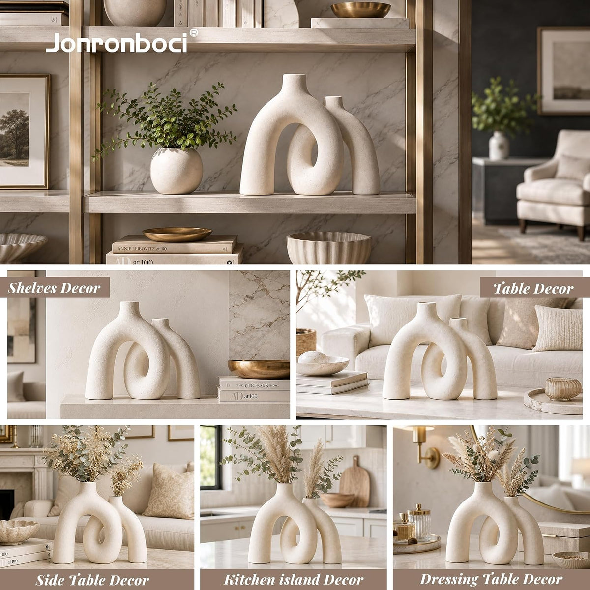 Collage of styling ideas with cream donut vases on shelves, tables, kitchen island and side tables.