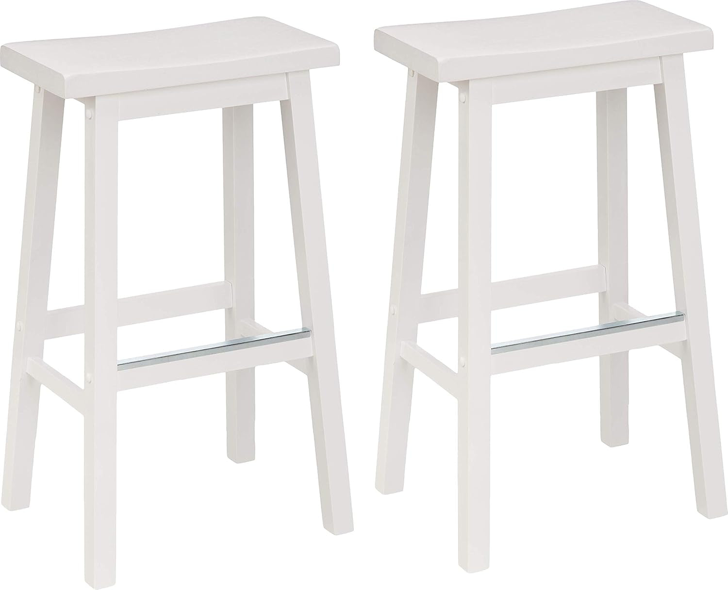 Pair of white wooden saddle-seat counter stools with metal footrest shown side by side