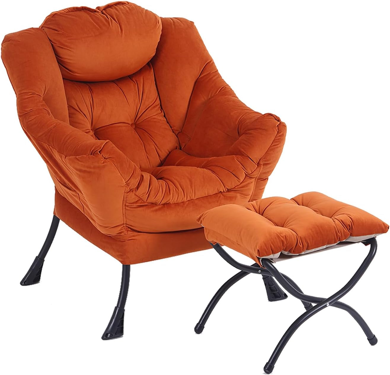 Plush orange armchair with matching padded foldable ottoman on black metal crossed legs, shown on white background.