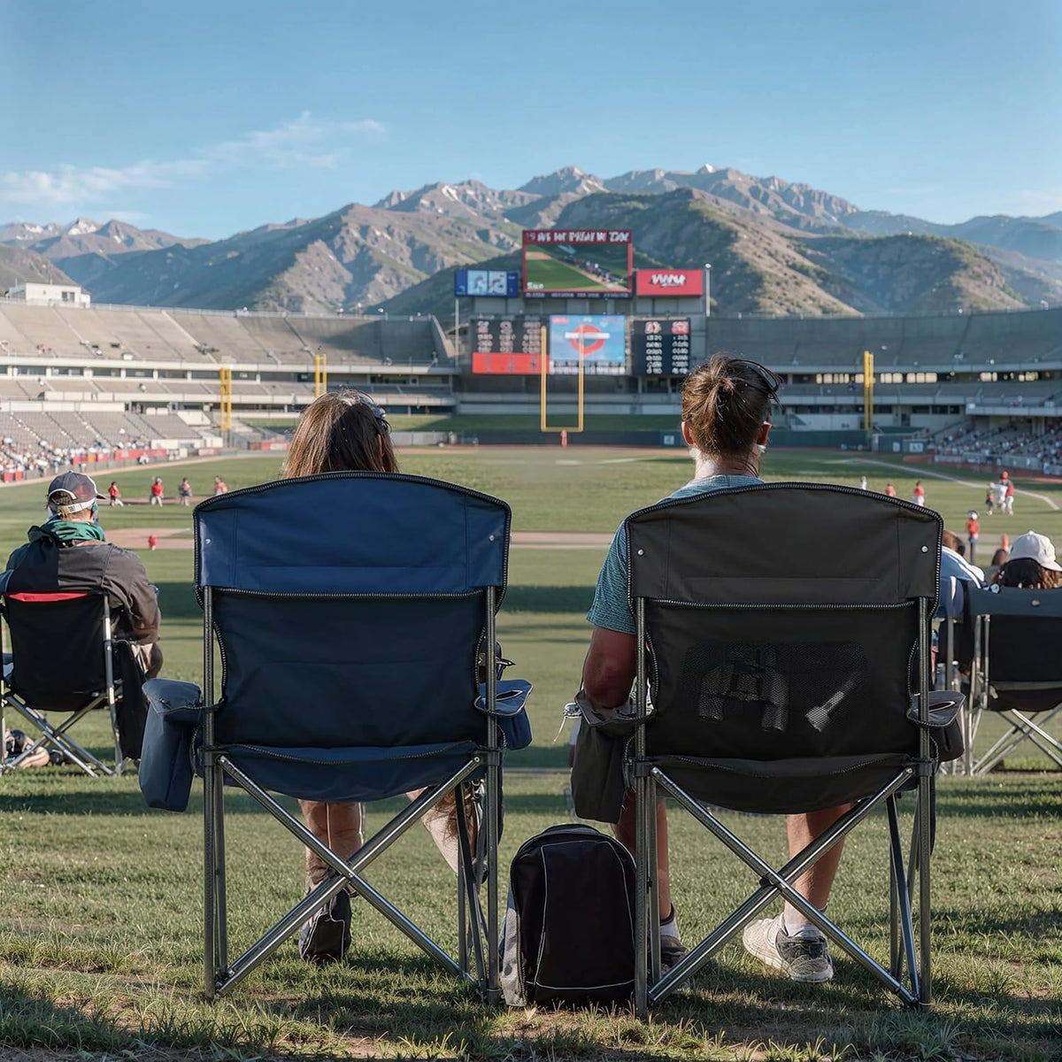 Two people seated in folding campsite chairs watching a baseball field with mountains in the background.