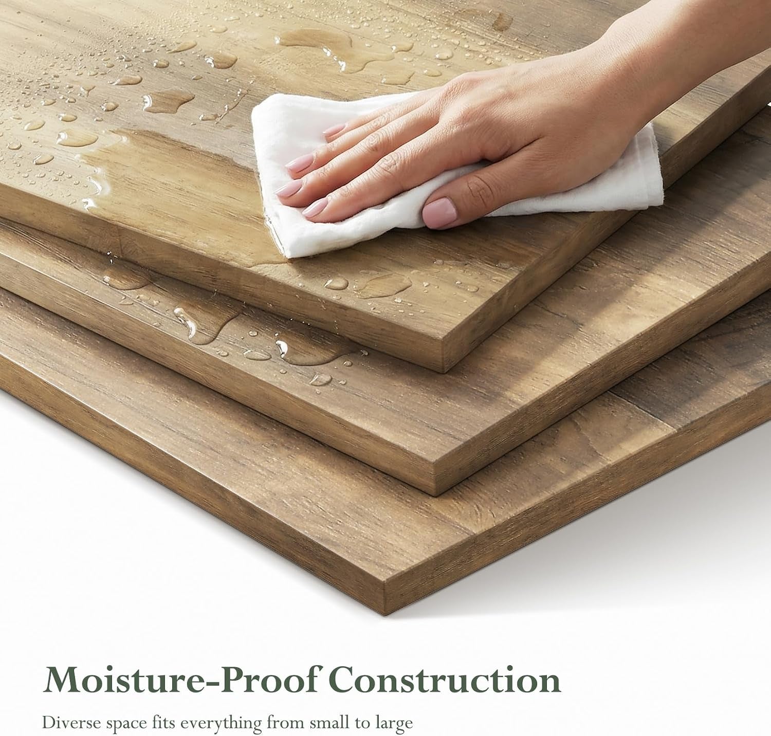 Close-up of wood countertop being wiped with water droplets to show the moisture-resistant surface finish