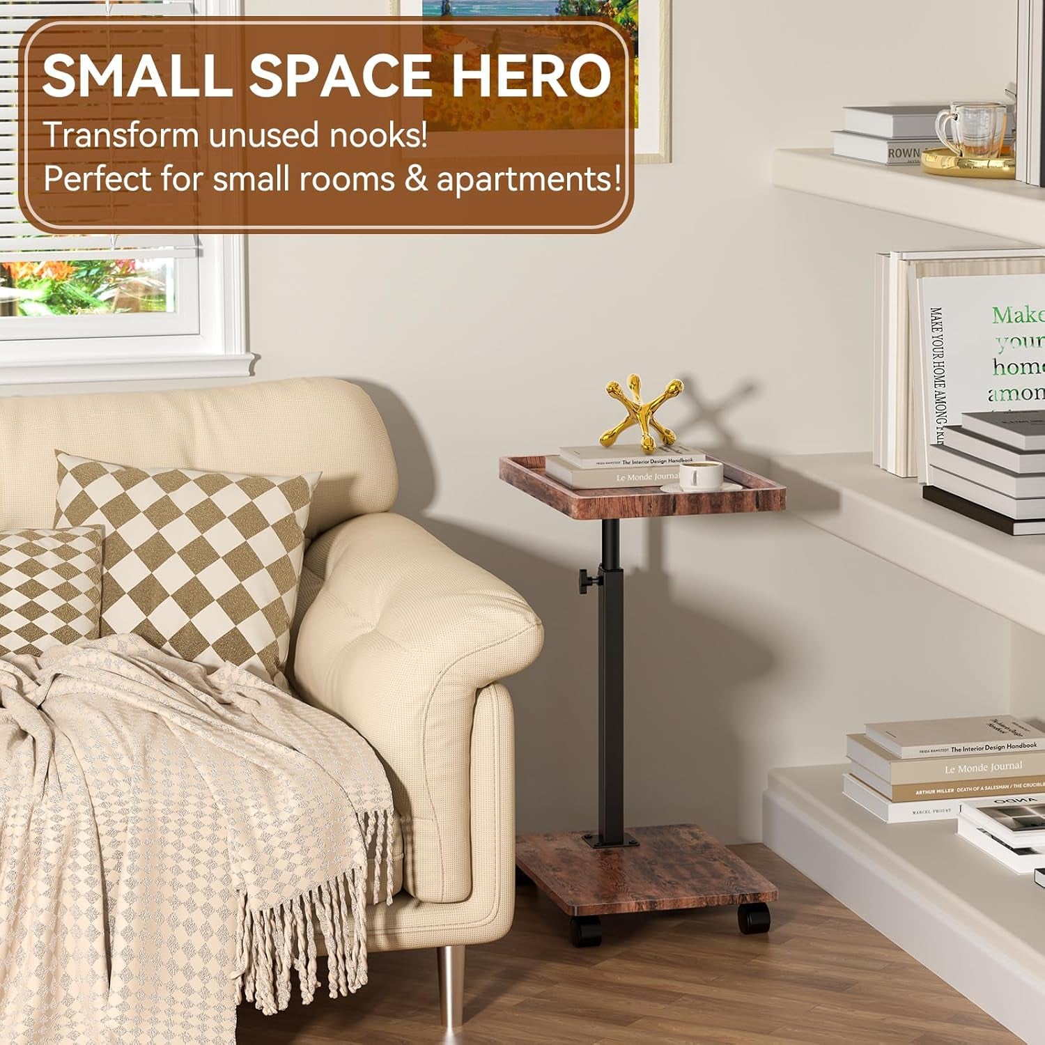 C-shaped side table next to sofa showing locking caster wheel detail and sliding top position