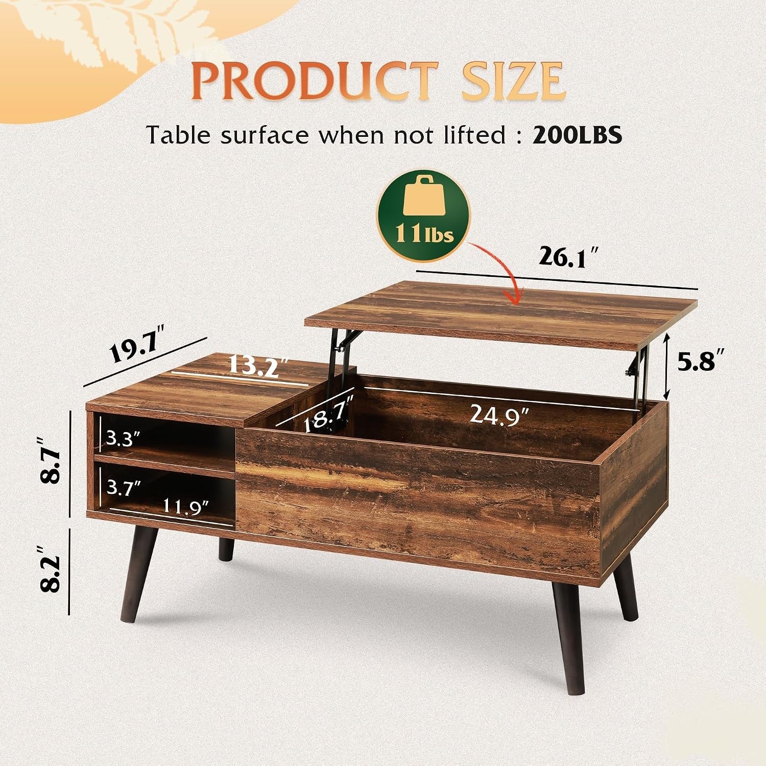 Graphic dimension view of lift-top coffee table showing 39.4 inch width and internal storage measurements